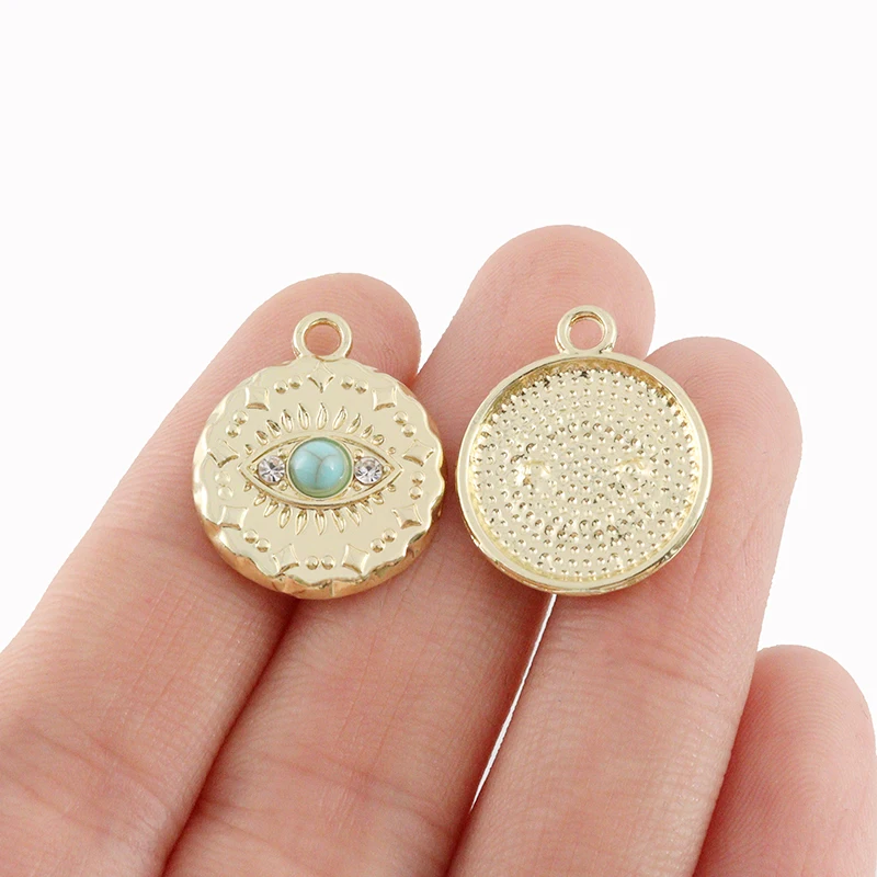 5 x Antique Gold Color Evil Eye & Faux Stone Round Charms Pendants for DIY Necklace Jewelry Making Accessories 18x21mm