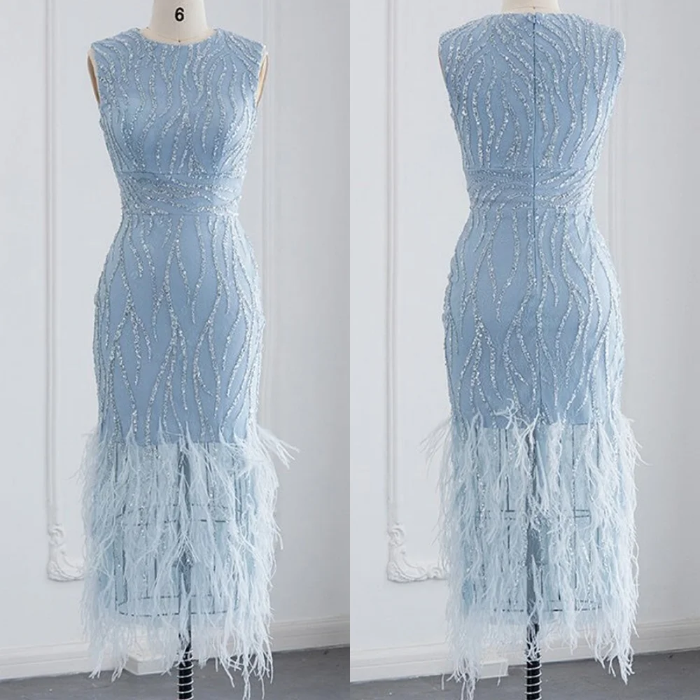 

Customized Classic Light Blue Jersey Evening Dress Exquisite Crew Neck Cap Sleeve Zipper Back Feathers Beading Cocktail Dress