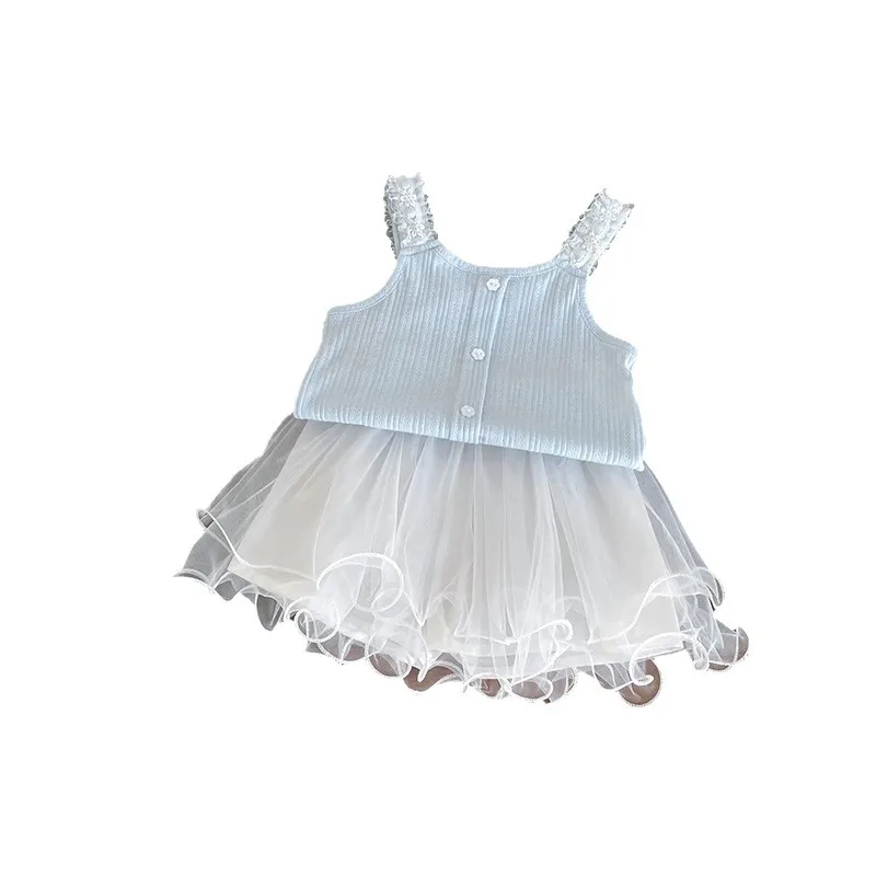 Summer Girls' Skirt Set Blue Lace Button Knitted Top+White Mesh Half Skirts 2Pieces Outfit 2026 New Children Clothes ﻿ 5