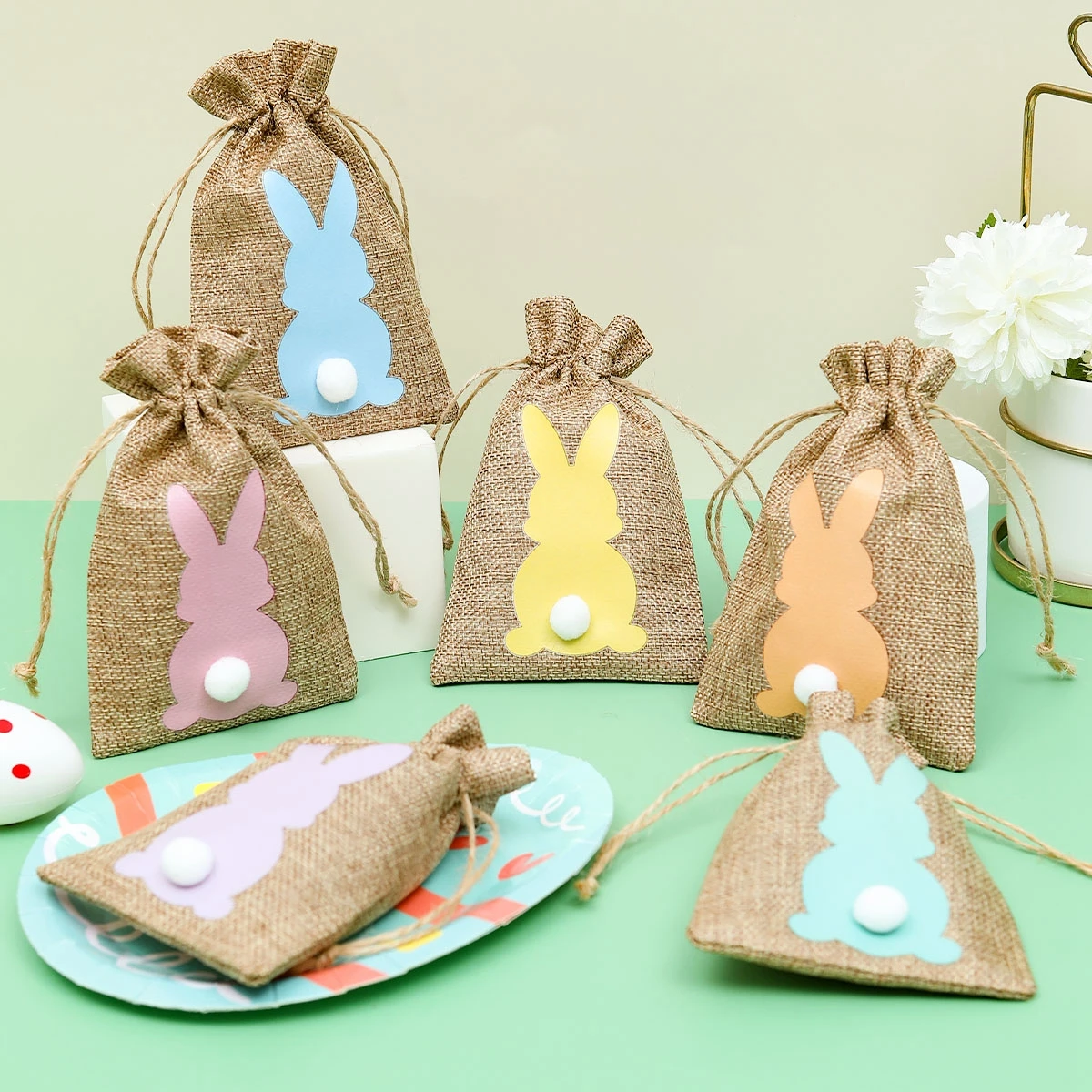 

6pcs Easter Bunny Burlap Gift Bags Happy Easter Decoration For Home Rabbit Eggs Bunny Carrot Party Supplies Gift Packaging Bag