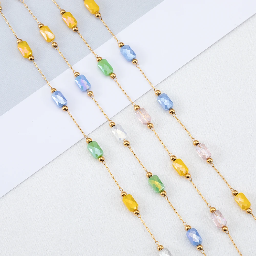 1M Colorful Crystal 4x7mm Square Beads Stainless Steel Link Chain Beaded Necklace Chains DIY Bracelet for Women Jewelry Making