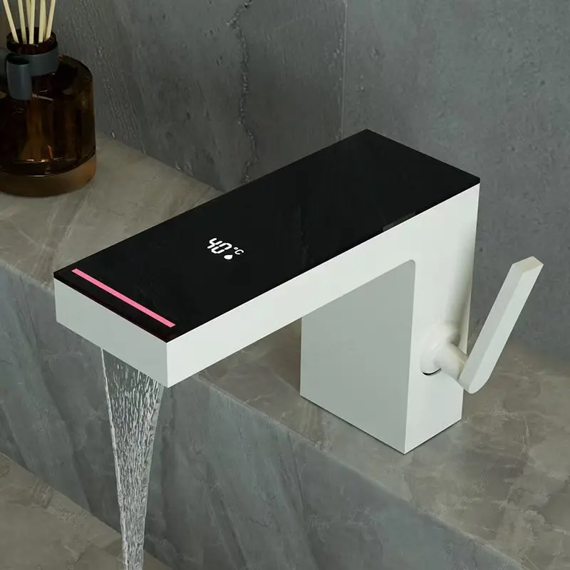 Infrared Smart Basin Faucet Cold and Hot Water Storage Rack Faucet Bathroom Cabinet Under-sink Basin Wash Waterfall White