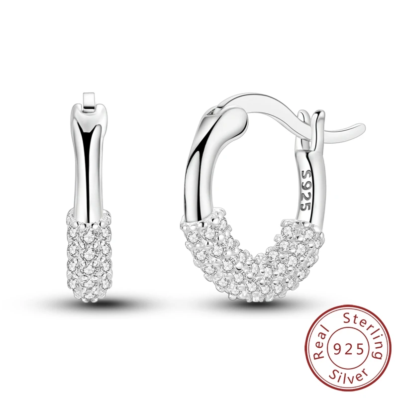 

925 Sterling Silver Pave White Zirconia Round Hoop Earrings Shiny Simple Women Birthday Jewelry Party Holiday Gift DIY