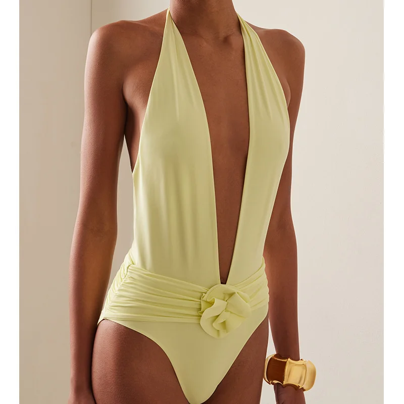 3D Floral Swimsuit Bikini Set Women Summer 2025 Eur Us Ru Solid Color Sexy Low Waist Lace Up Biquini Beach Swimsuit Jumpsuit New