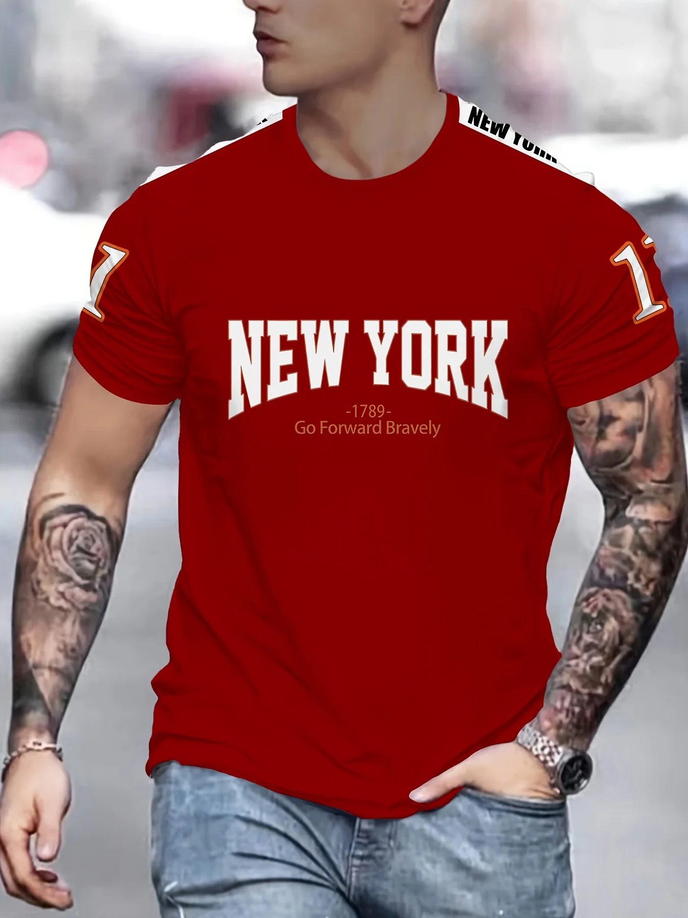 Men'S Casual Crew Neck T-Shirt,100% Polyester Knit Fabric,3D Print New York Graphic Tee,Slight Stretch,Regular image 2