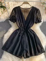 2025 Summer Women Playsuit Polka Dot See Through Thin Beach Rompers Sexy V-neck Short Sleeve Drawstring Sash Slim Waist Overalls - Image 3