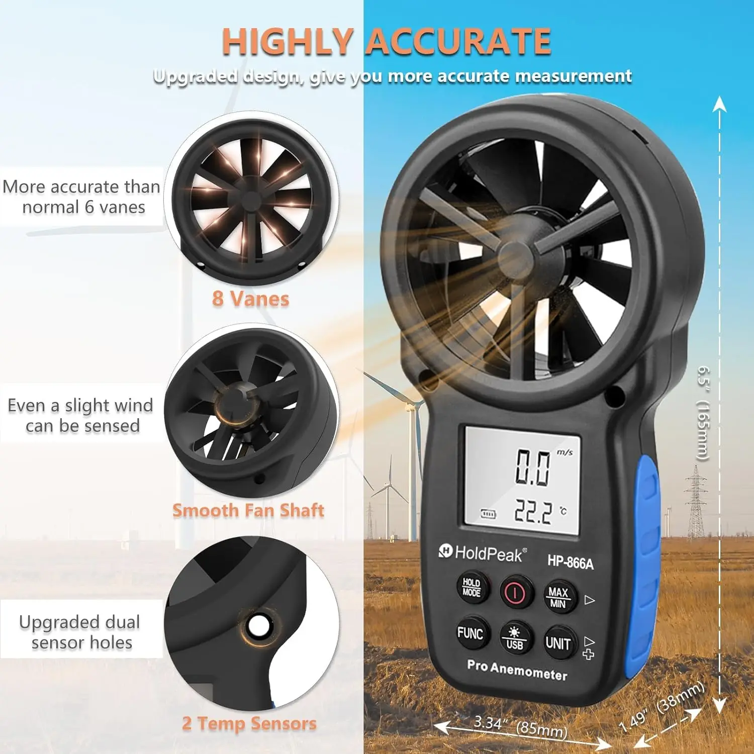 مقياس شدة الريح الرقمي من Holdpeak مقياس CFM محمول باليد HP-866A مع اتصال USB ونقطة الندى ومقياس كتلة الهواء مع عقد البيانات وUSB #3