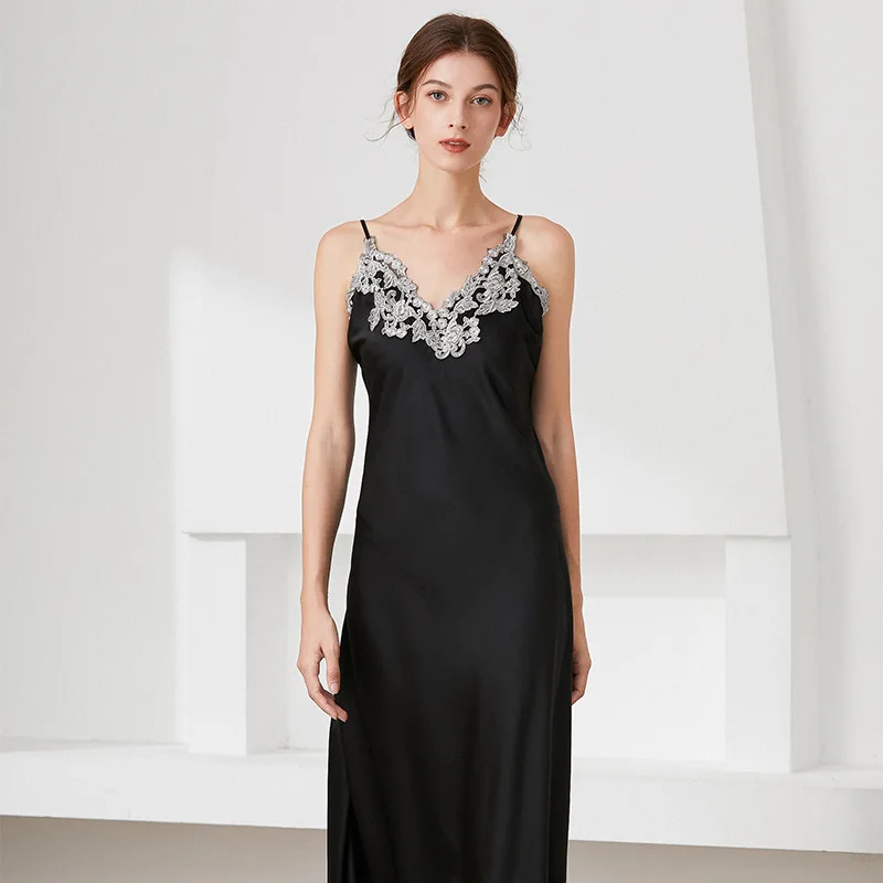 Pijama de mujer Pijamas de seda simulada Mujer, Pijama de encaje sexy con cuello en V y tirantes largos Pijamas Ropa de descanso Pijama