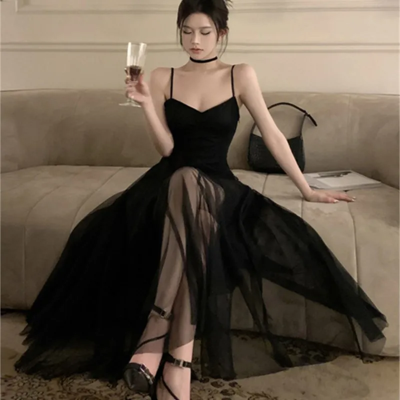 

Black Dress Light Luxury Minority Party Daily Style Hepburn Wind Chiffon Suspender for Women