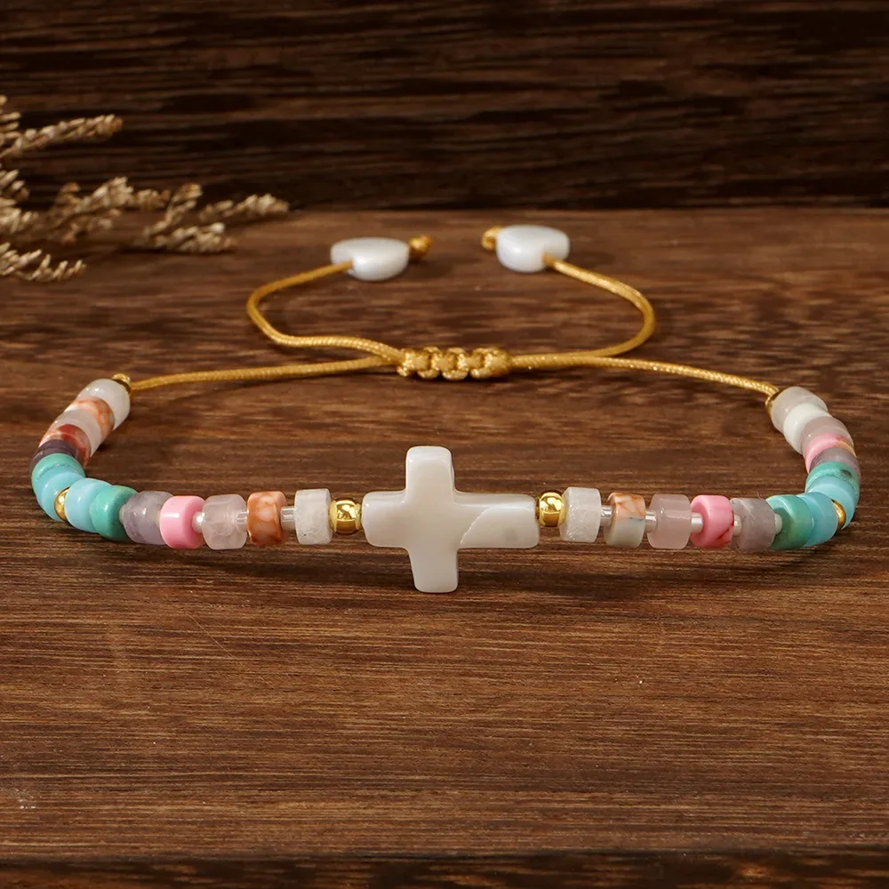 1PC Bohemian style women's bracelet, shell peach heart cross, natural stone bead adjustable bracelet, daily gift giving