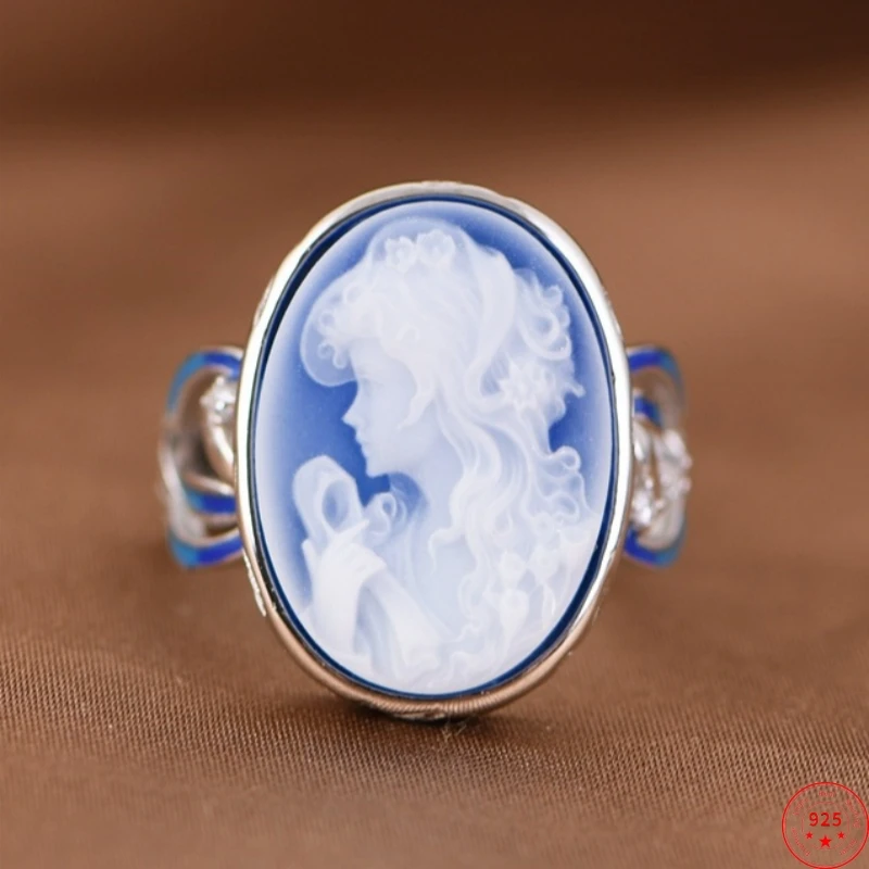 S925 Sterling Silver Rings for Women Men New Fashion Enamel Oval White Shell Angel Girl Vintage Jewelry Adjustalbe Wholesale