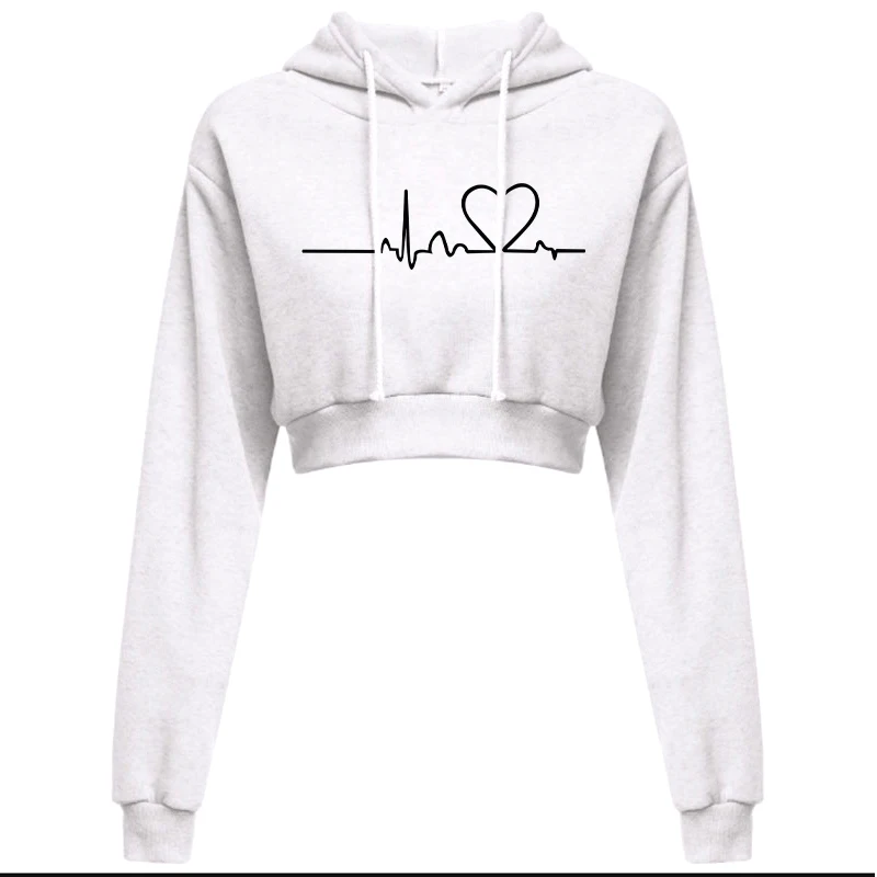 Women\'s Hooded Sweaters Hoodies Solid Color Long Sleeve ECG Prited Cropped Hooded Pullover