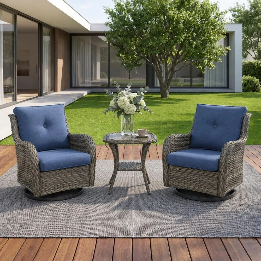 Wicker Rocking Chair Set 3 Piece Swivel Rocker Patio Furniture with Glass Top Side Table for Outdoor Porch Deck Garden, Custom