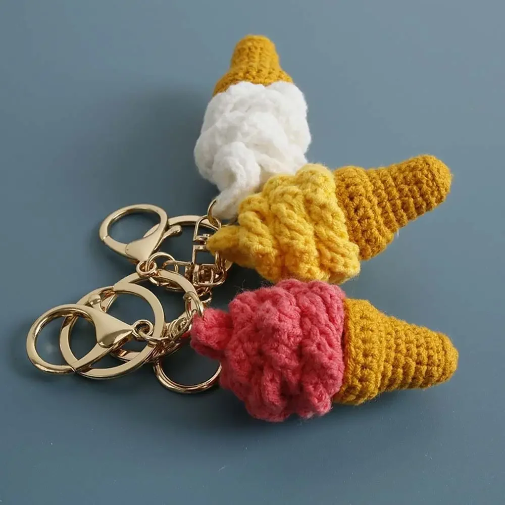Exquisite Handmaking Ice Cream Pendant Ice Cream Cone Cartoon Crochet Keychain Woven Mini Knitted Keyrings Bag Charm