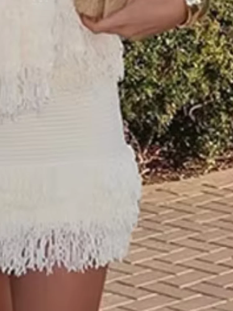 

White Tassels Short Skirt 2-piece Set Female Lapel Hollow Out Single Breasted Short Sleeve Layered Ruffle Top Suits Lady Outfits