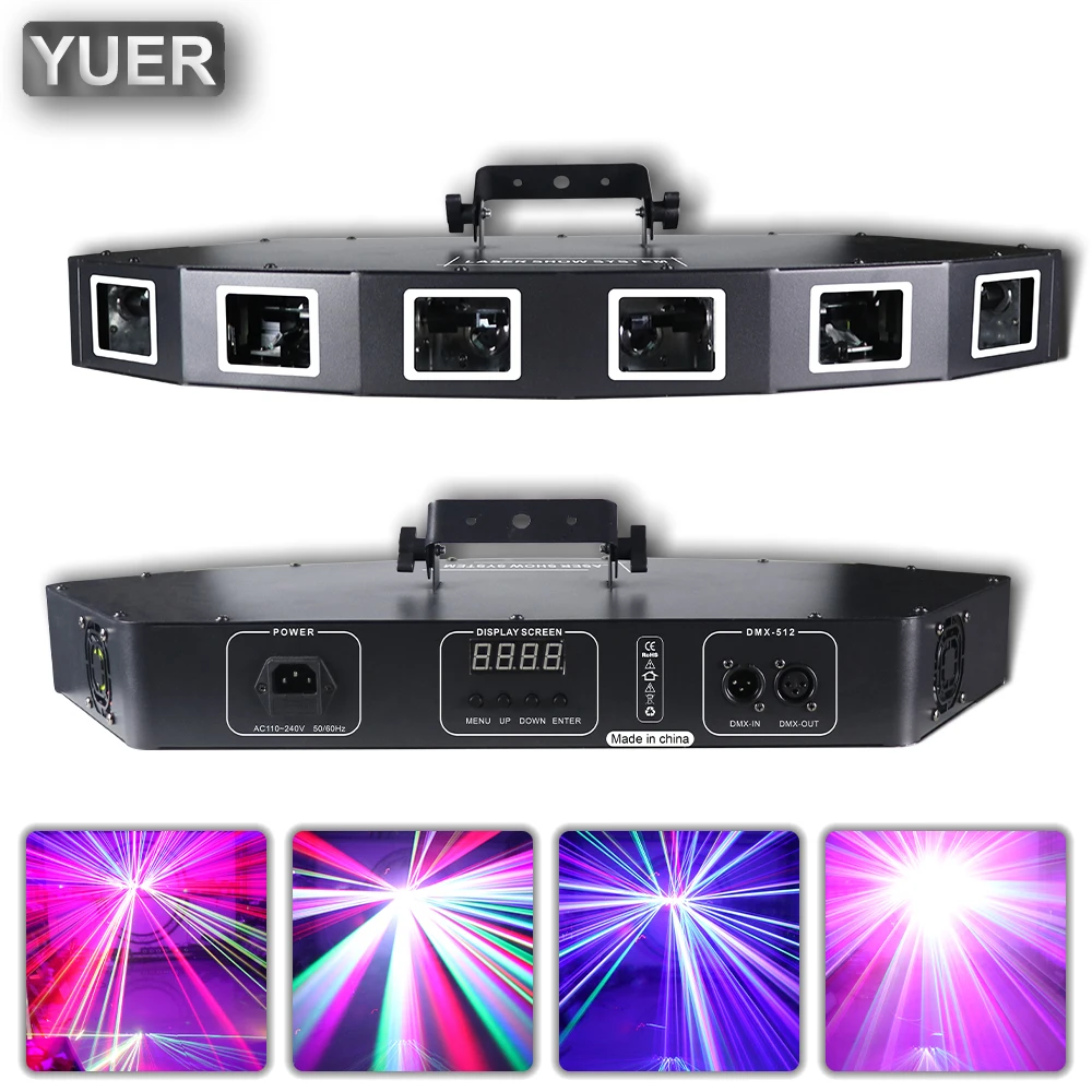 

YUER 6 Head RGB Fan Shape Laser Stage Lighting Effect Projector DMX Music Sound For DJ Disco Party Bar Christmas Holiday Lamp