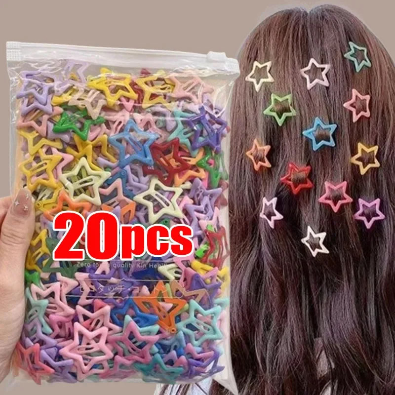 20/10Pcs For Kids Y2K BB Star Clips Girls Solid Color Headwear Alloy Barrettes Cute Glitter Hair Clips Hairpins Hair Accessories