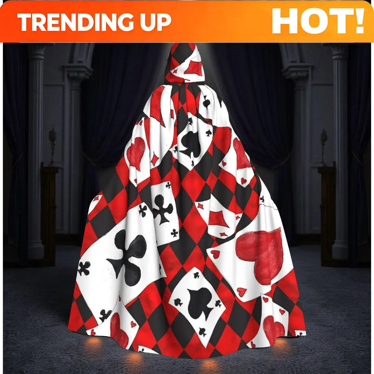 Customization Cool Poker Playing Cards Pattern Gambling Card Game Long Hooded Cloak Witch Medieval Costume Cosplay Cape Hallowee