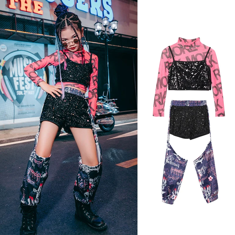 

Girls Hip Hop Dance Clothes Kpop Jazz Dance Outfit Sequins Tops Cargo Pants Street Dance Costume Modern Dancing Clothing YS2620