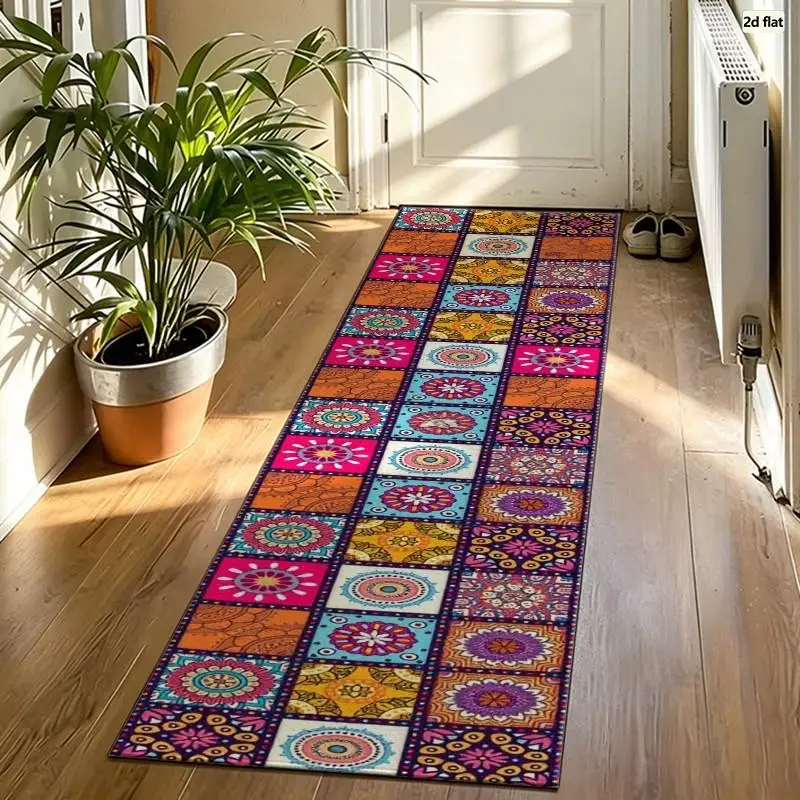 Boho Patchwork Mandala Carpet Flooring, Colorful Ethnic Circle Pattern Area Rug for Home Floor