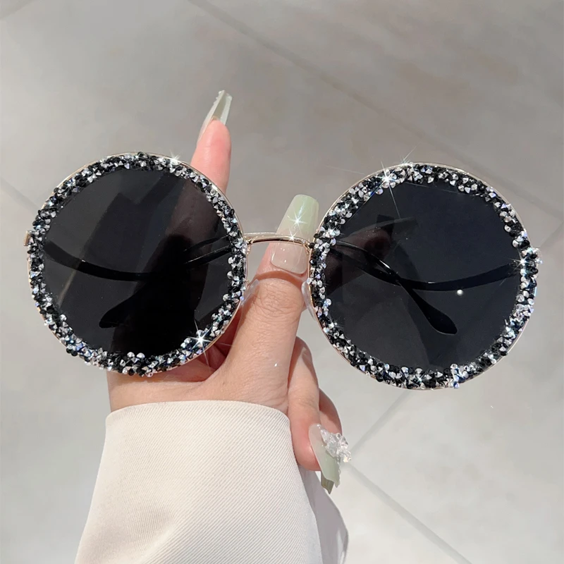 KAMMPT Trendy Retro Crystal Shiny Round Shades Women Ins Brand Design Sunglasses New Fashion Driving Anti UV Sun Glasses