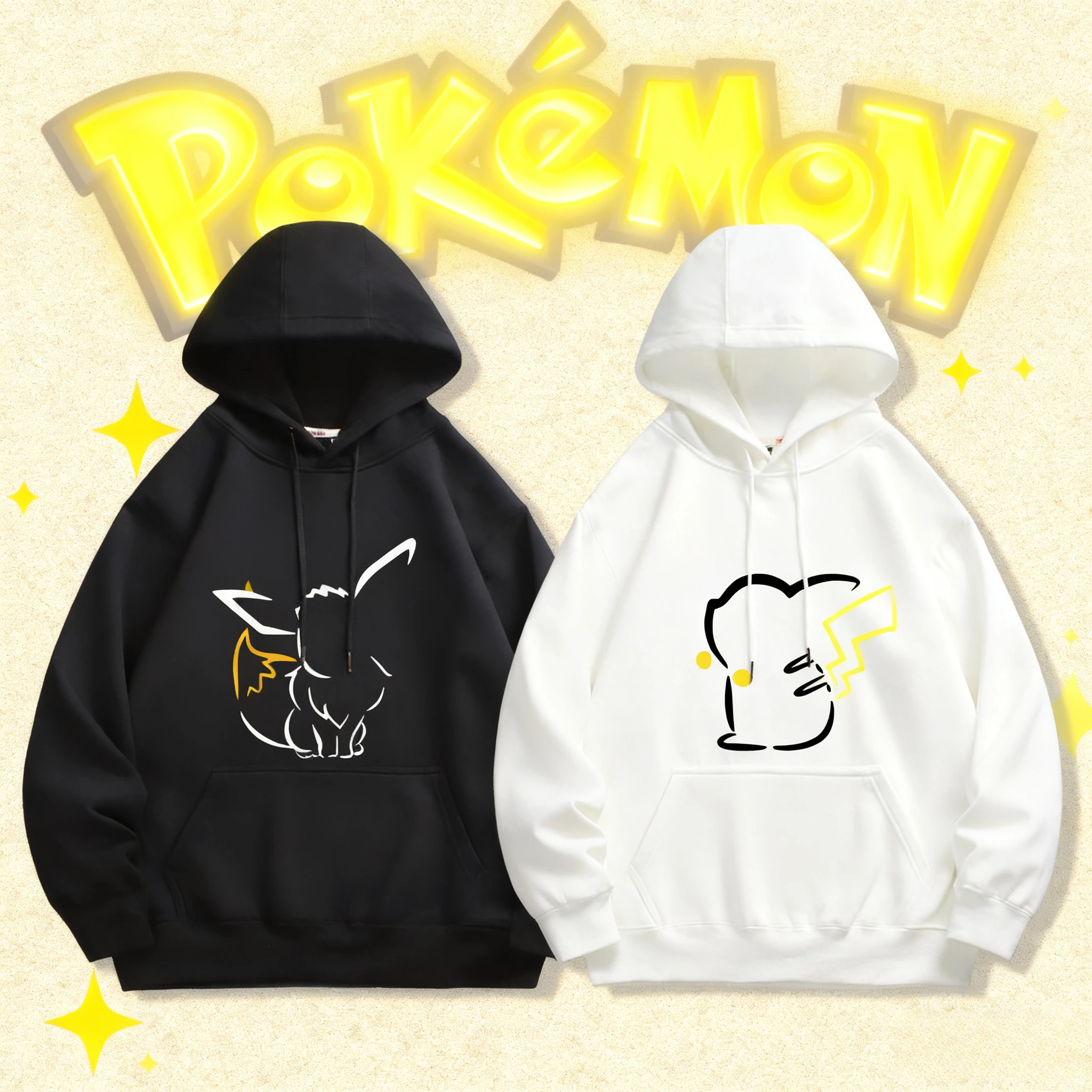 

2025 Autumn/Winter Pokemon Animation Brand 100% Cotton Pikachu Printed Hoodie Men's and Children's Harajuku Casual Short Sleeve