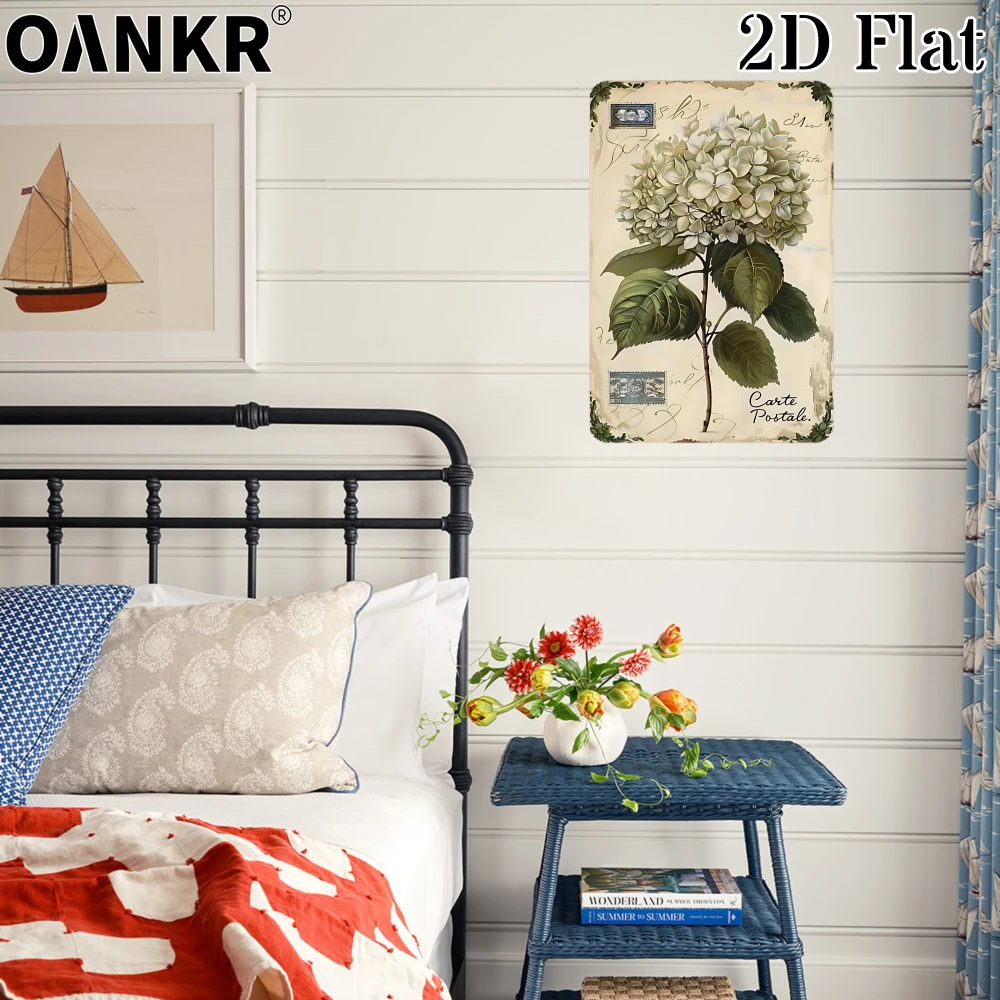 Vintage Garden Art Poster Metal Tin Sign, Ideal Gift 12x8 Inch, Hydrangea Floral Metal Signs for Backyard Bedroom Home Decor