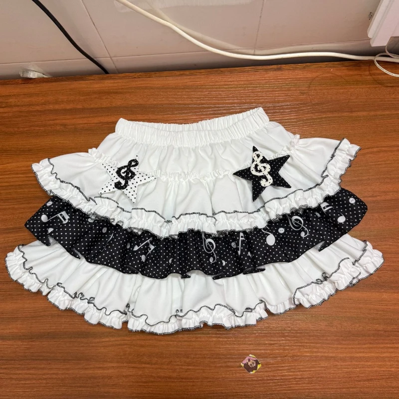 Sweet Kawaii Harajuku Ruffled Cake Mini Skirt Women Polka Dot Musical Note Star Appliques High Waist Slim Fit Casual Daily Outfi