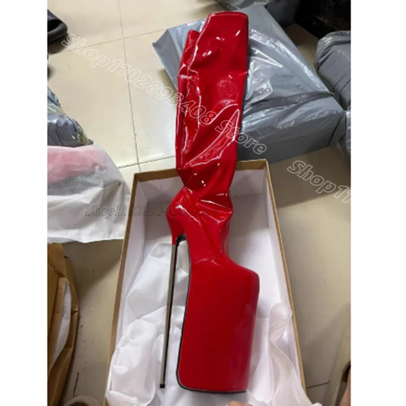 

Red Platform Metal Heels Boots Round Toe Side Zipper British Style Dress Fashion Women Summer Knee Boots Zapatos Para Mujere