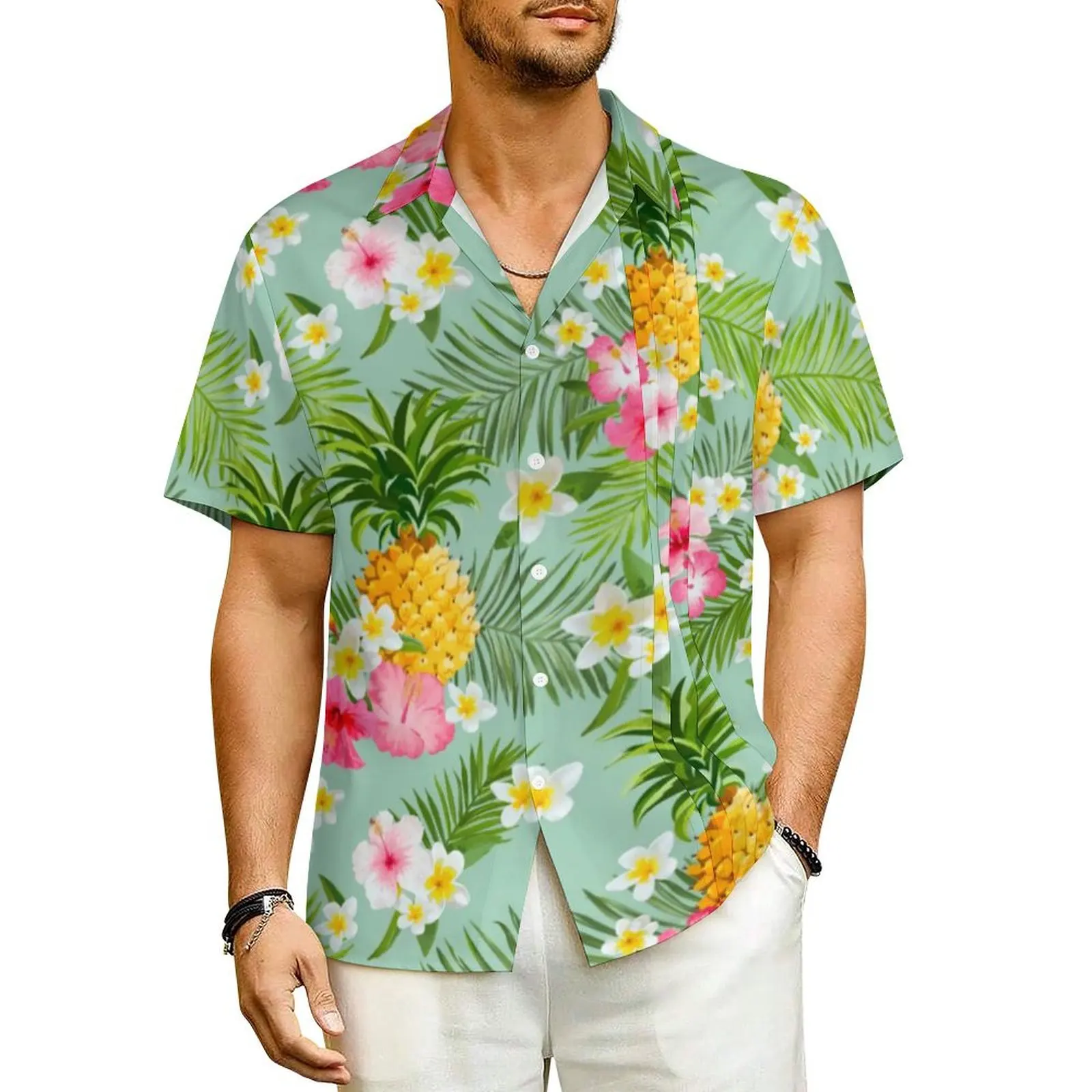 

Hawaiian Shirt Beach Tropical Flower Print Blouses Elegant Pineapple Trendy Casual Shirts Man Short Sleeve Streetwear Clothing