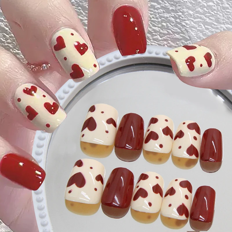 Simple Red Fake Nails with Glue Winter Heart Acrylic Press On Nails Removable Wearing False Nail Tips Manicure Nail Art Supplies