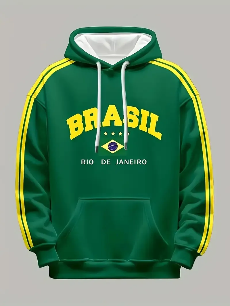 2026 Autumn/Winter New Men's Hooded Sweatshirt in 3D Brazilian Soccer Team Style Casual Sports Pullover Shirt