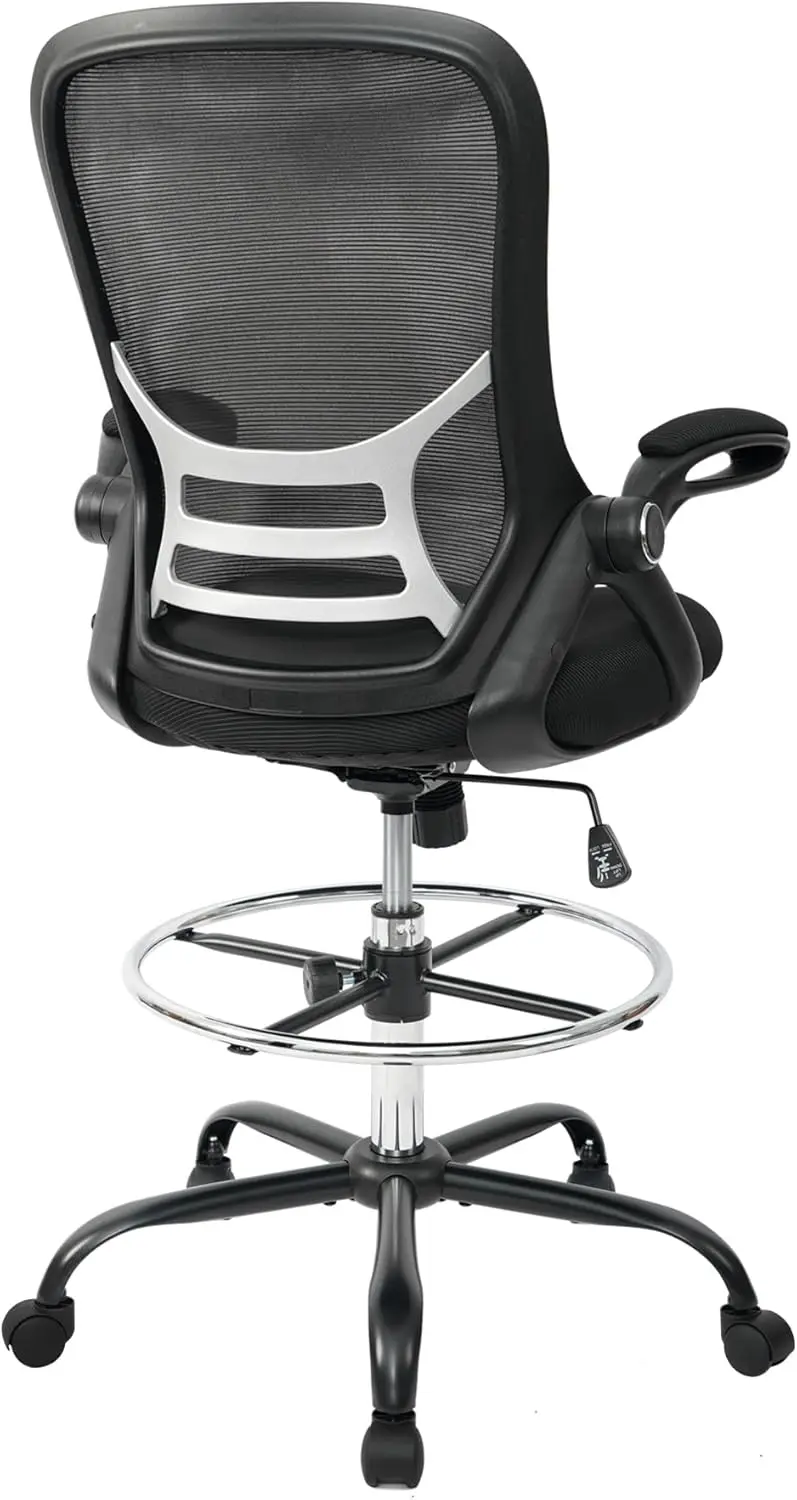 

Drafting Chair Tall Office Chair High-Back Mesh Standing Desk Stool with Adjustable Footrest Ring and Flip-Up Arms (Black)
