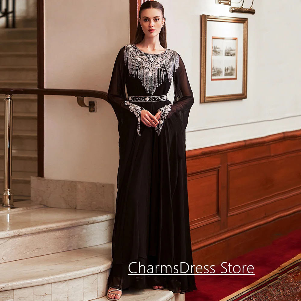 

Роскошное черное вечернее платье по индивидуальному заказу с круглым вырезом и длинными рукавами, серебряными кристаллами и бисером, вечерние платья трапециевидной формы, платье для выпускного вечера Абая