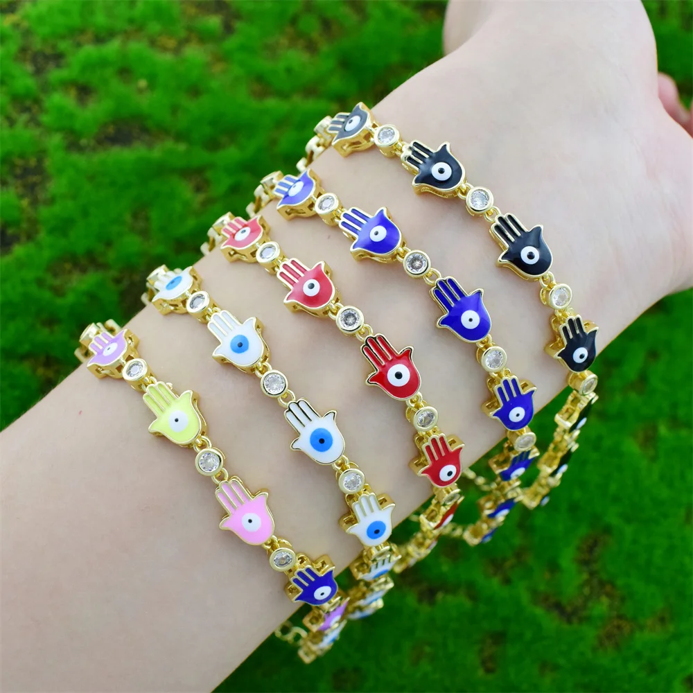 AILINFA Chain Eye Fatima Bracelet Copper Zircon Enamel Eye Color Bracelet Women Gold Plated Fashion Jewelry Wholesale