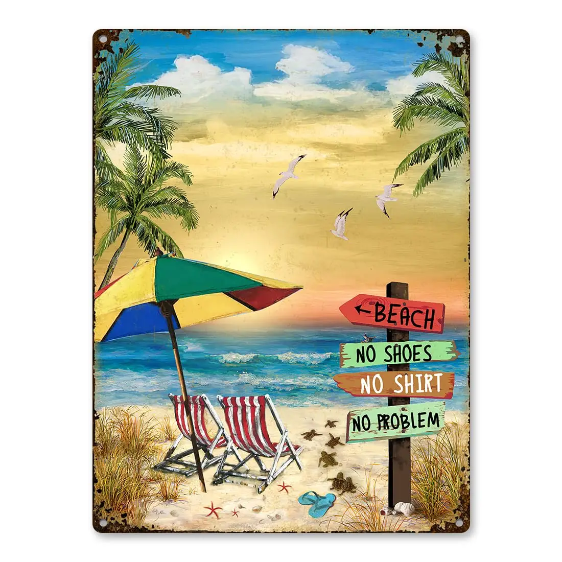 Beach Signs Decor - No Shoes No Shirt No Problem Metal Signs, Sea Decorations For Outside Aluminum Rust Free 9