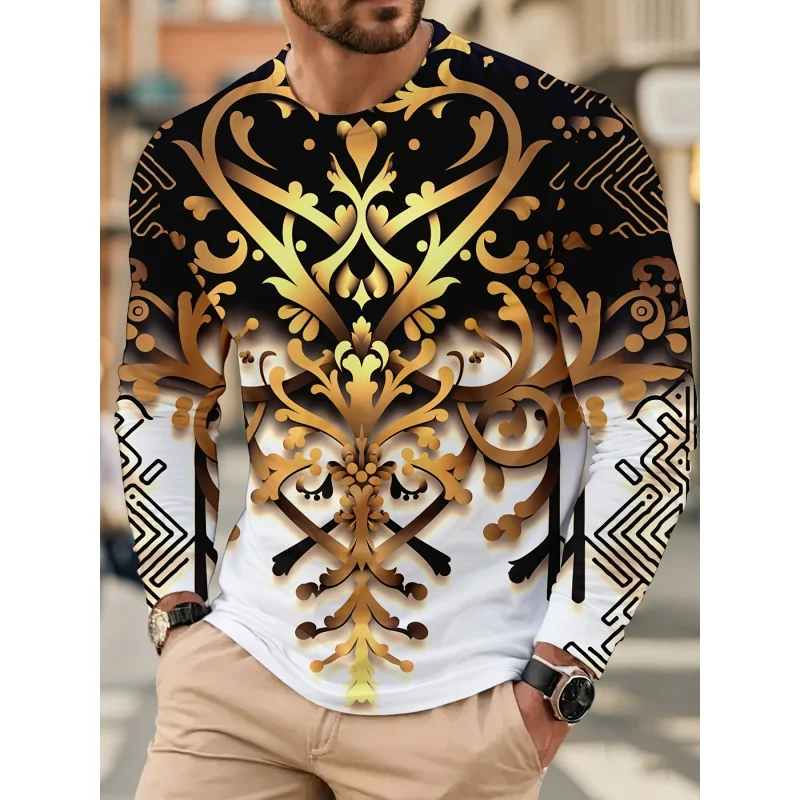 3D Print Colorful Exquisite T Shirt For Men Luxurious Pattern Tees Autumn Fashion Casual Loose O-Neck Tops Long Sleeves T-Shirts