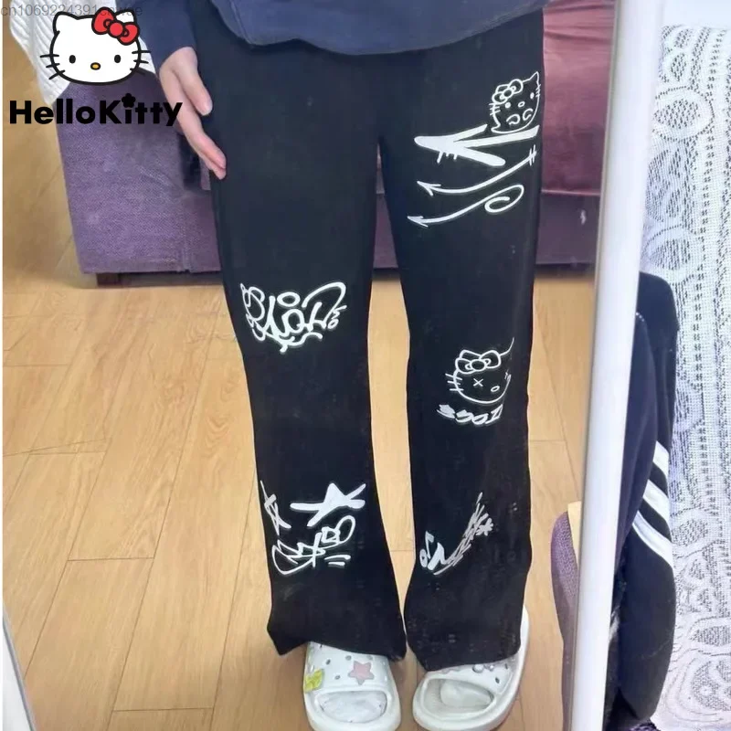 Sanrio Y 2k Gothic Hello Kitty Print Casual Pants Female Straight Hip Hop Punk Black Pants Y2k Fashion Harajuku 2000s Trousers