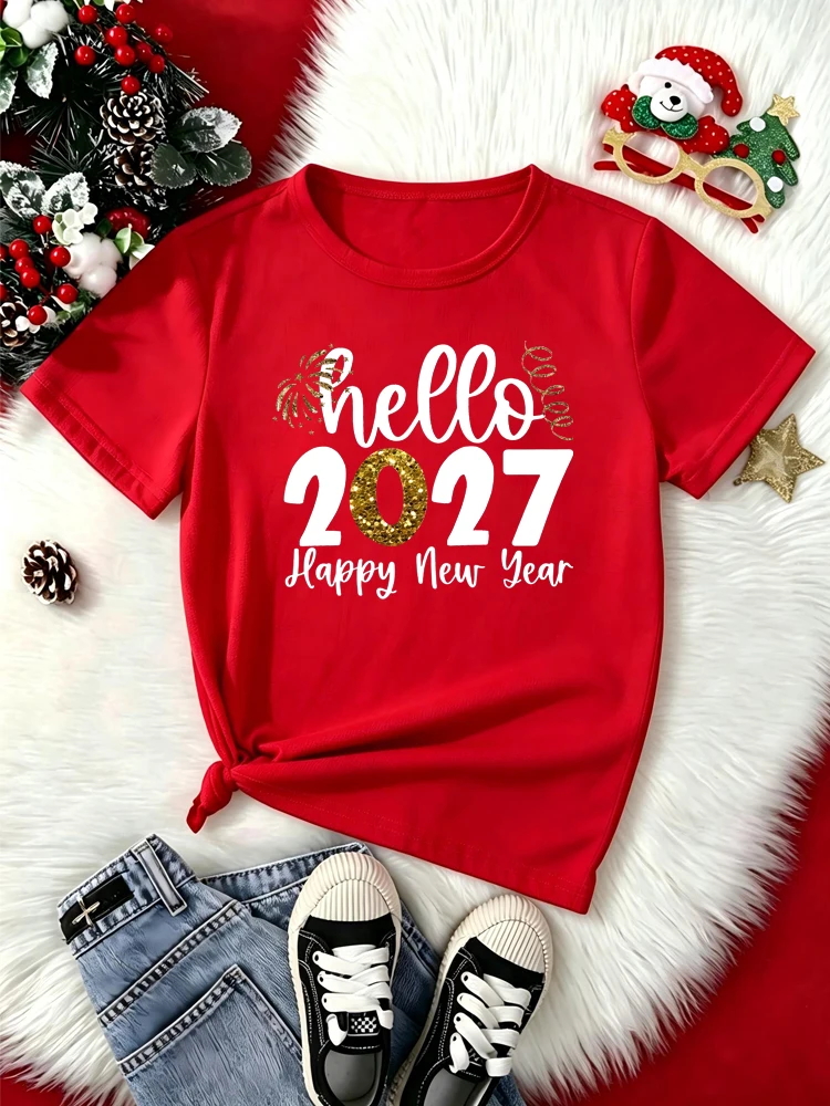 Women's Hello 2027 T Shirt Fashion Casual Happy New Year Women Tops Short Sleeve Female T-Shirt Clothes Tees