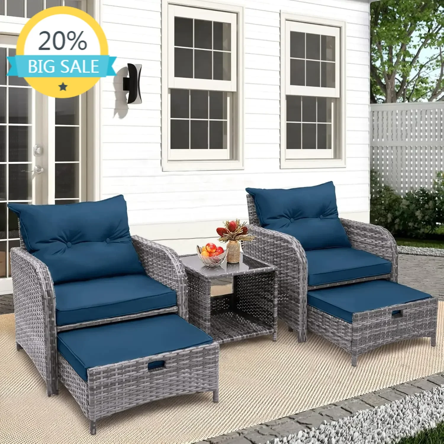 

5 Pieces Wicker Outdoor Patio Chairs Set with Ottoman, All Weather PE Rattan Patio Conversation Furniture Set