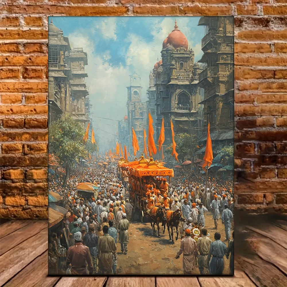 (No frame)1pc, Including Frame, 12X16 Inches HD Oil Painting of Padwa Palkhi, Celebrating The Hindu Festival And Marathi New