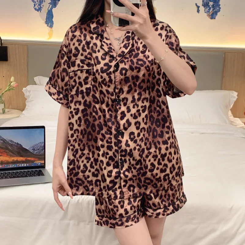 Women\'s Pajamas Sets Spring Autumn 2 Piece Leopard Print Pyjama Faux Silk Satin Sleepwear Short Sleeve Pijama Mujer Pjs Homewear