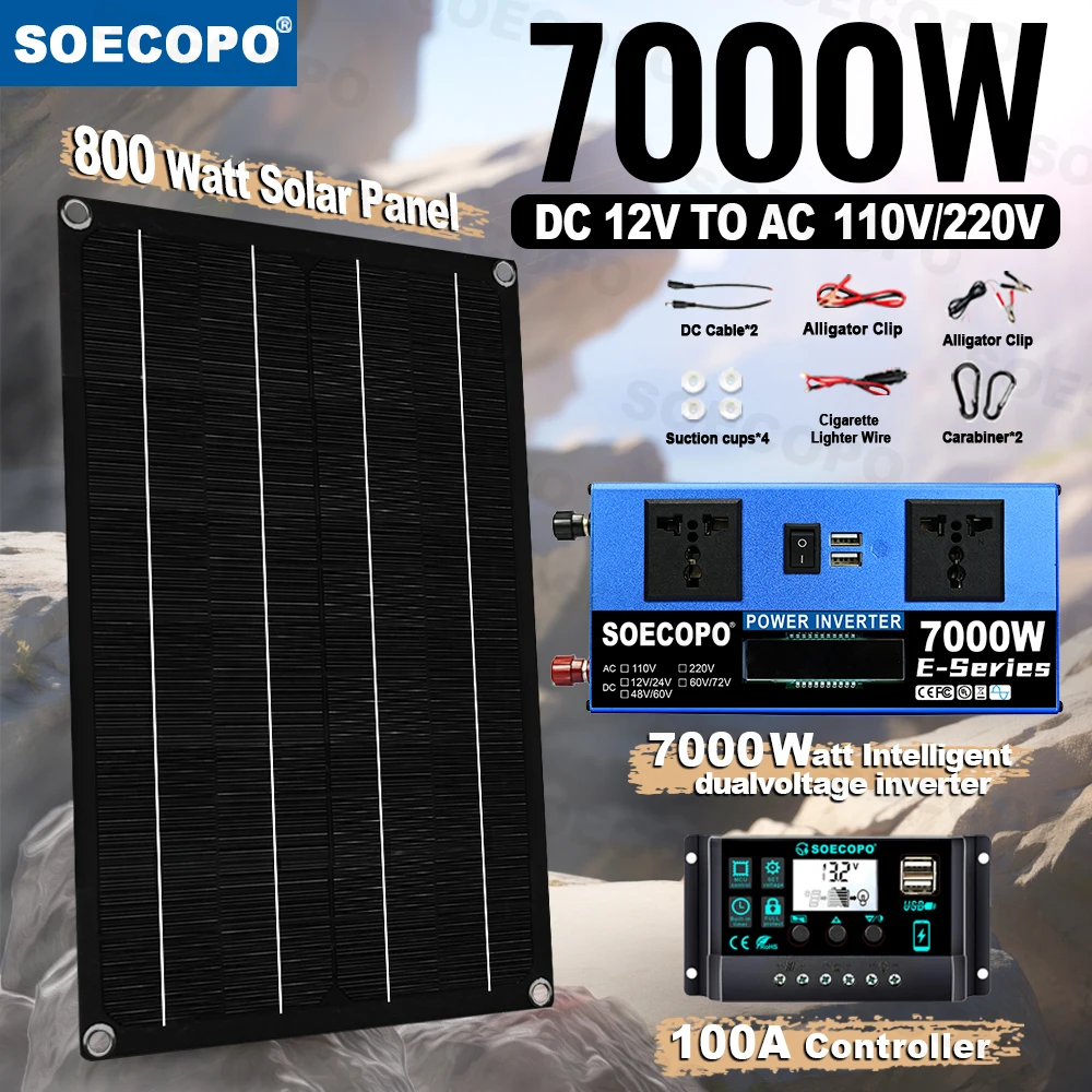 

SOECOPO Shockproof 7000W Offgrid Peak Solar Kit 800W Panel 100A Controller 110V/220V Inverter for RV Emergency Backup Sailboat