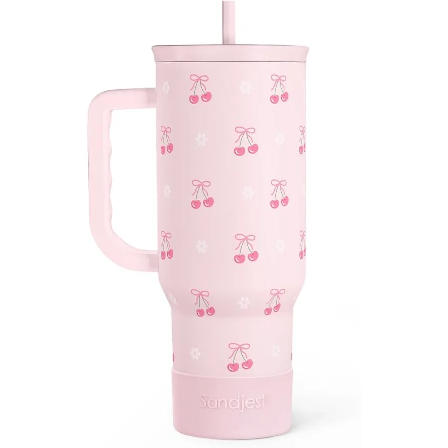 

Вишневый стакан-слайдер на 40 унций с ручкой и соломенной изоляцией, дорожная кофейная кружка из нержавеющей стали для женщин и девочек, подарок на день рождения Chr