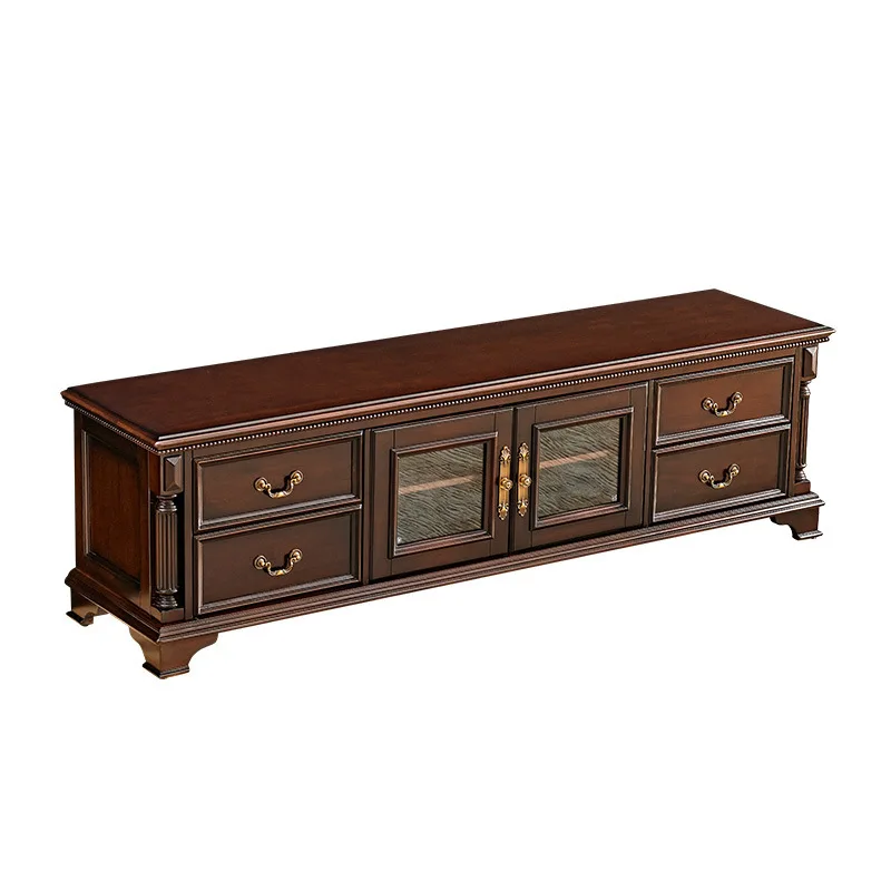 

Cherry wood solid wood TV cabinet American retro glass sliding door locker simple living room high foot home floor cabinet