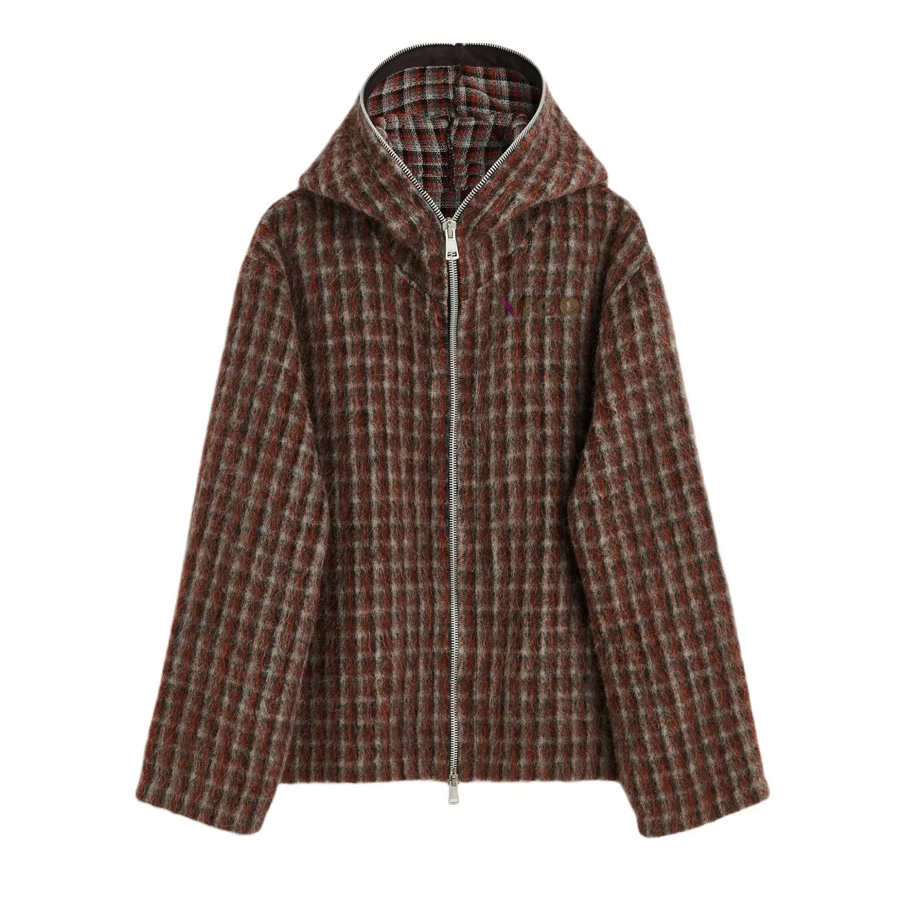 

NIGO Men's Wool Blend Plaid Knit Jacket Hooded Zip Design Fit Warm Outerwear Coat Autumn Winter Fashion #NIGO9331Z