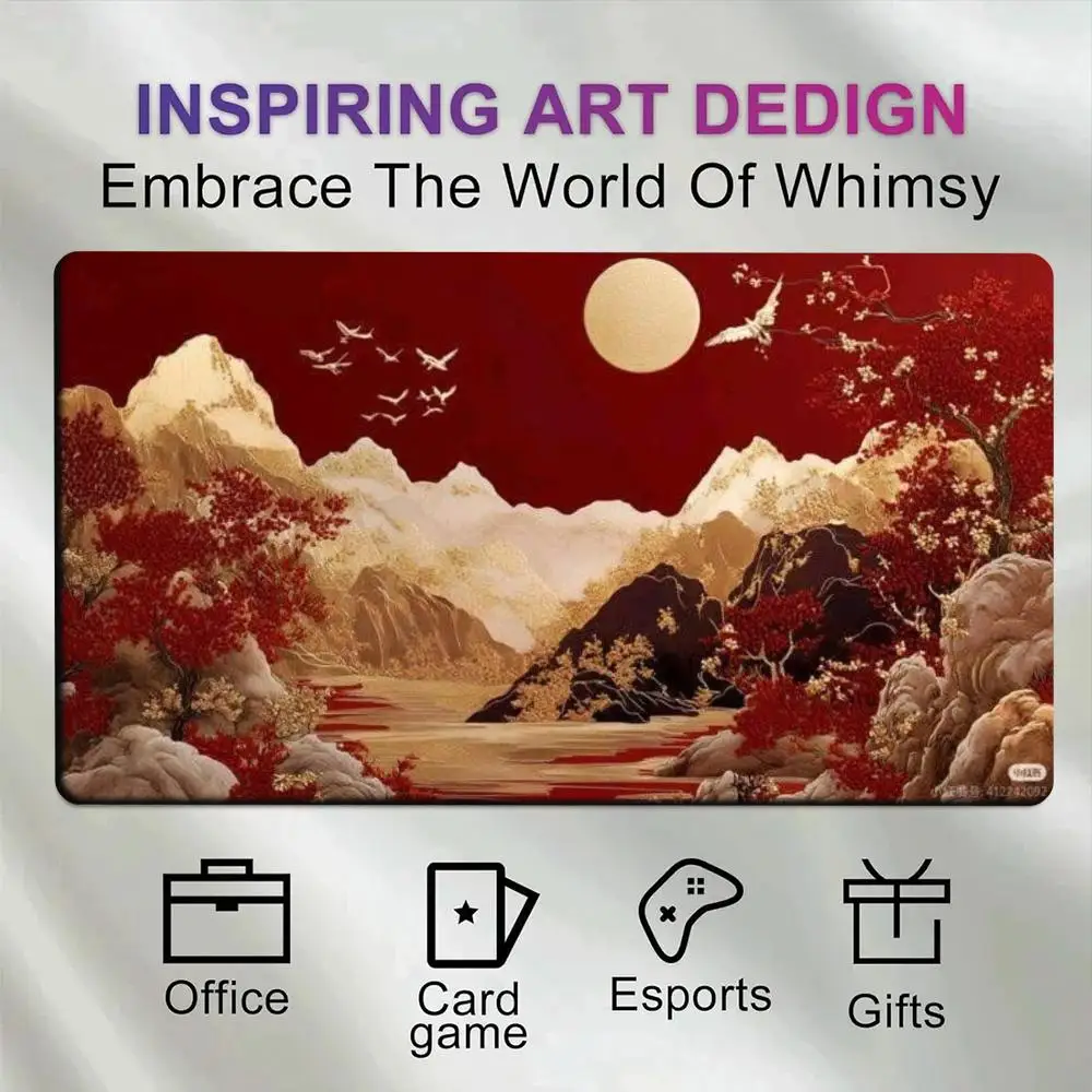 Extended Gaming Desk Mat Oriental Art Red Scenery Mountain River Crane Full Moon Non-Slip Waterproof Mousepad for Desktop