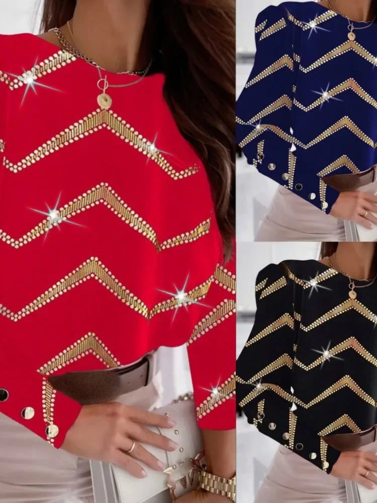 ผู้หญิงเสื้อแฟชั่นพิมพ์ลายแขนยาว O คอสุภาพสตรีเสื้อปุ่มเสื้อหลวมฤดูใบไม้ผลิฤดูใบไม้ร่วงสีแดงเสื้อลําลอง