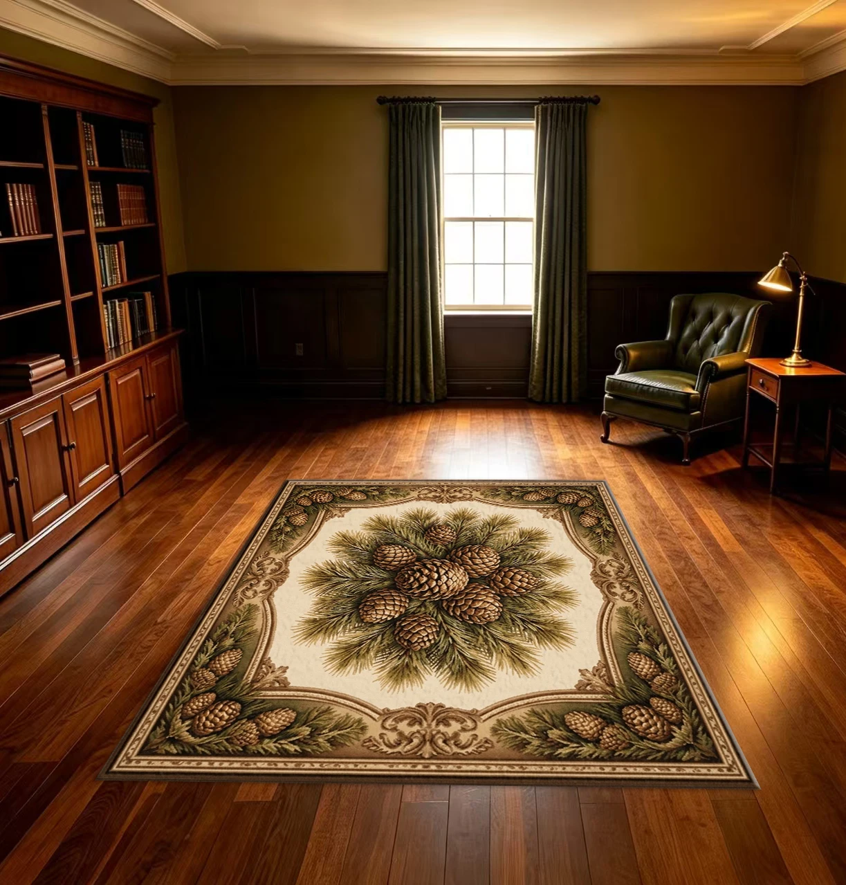 Vintage Pine Cone Pine Branch Area Rug Rustic Forest Ornate Border Non‑Slip Floor Mat for Living Room Bedroom Home Decor