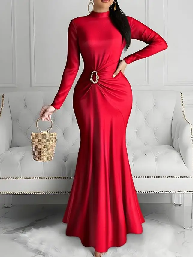 

Womens Dresses 2025 Spring Autumn New Metal Decor Mock Neck Ruched Slim Fit Party Dress Zipper Back Mermaid Hem Evening Dress